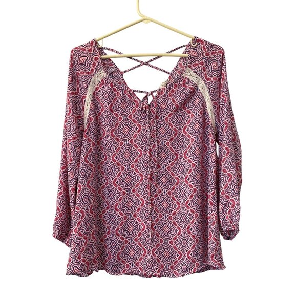 Pink Rose Blouse Size Large Floral Geometric 3/4 Sleeve Criss Cross Back Lace - Picture 1 of 6